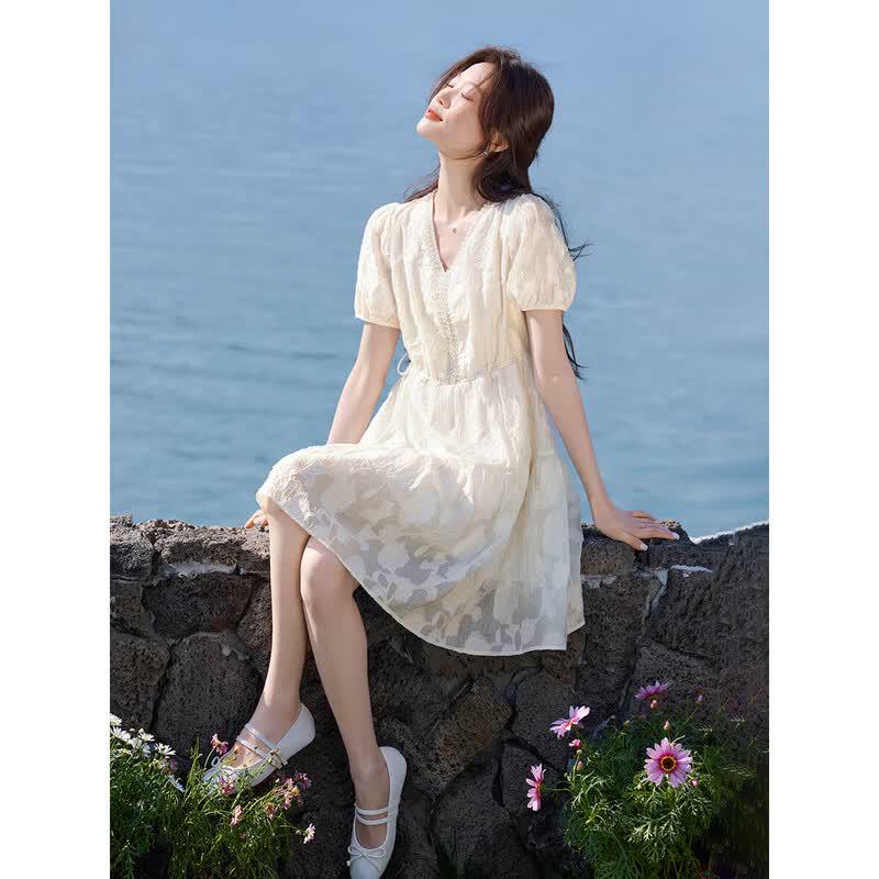 French Chic Drawstring V-Neck A-Line Summer Dress