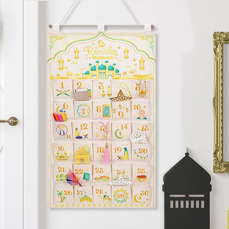 Ramadan Decor Canvas Countdown 30 Day Advent Calendar Bag For Muslim Islamic Kid Boy Girl Ramadan Decor Hanging Organizer