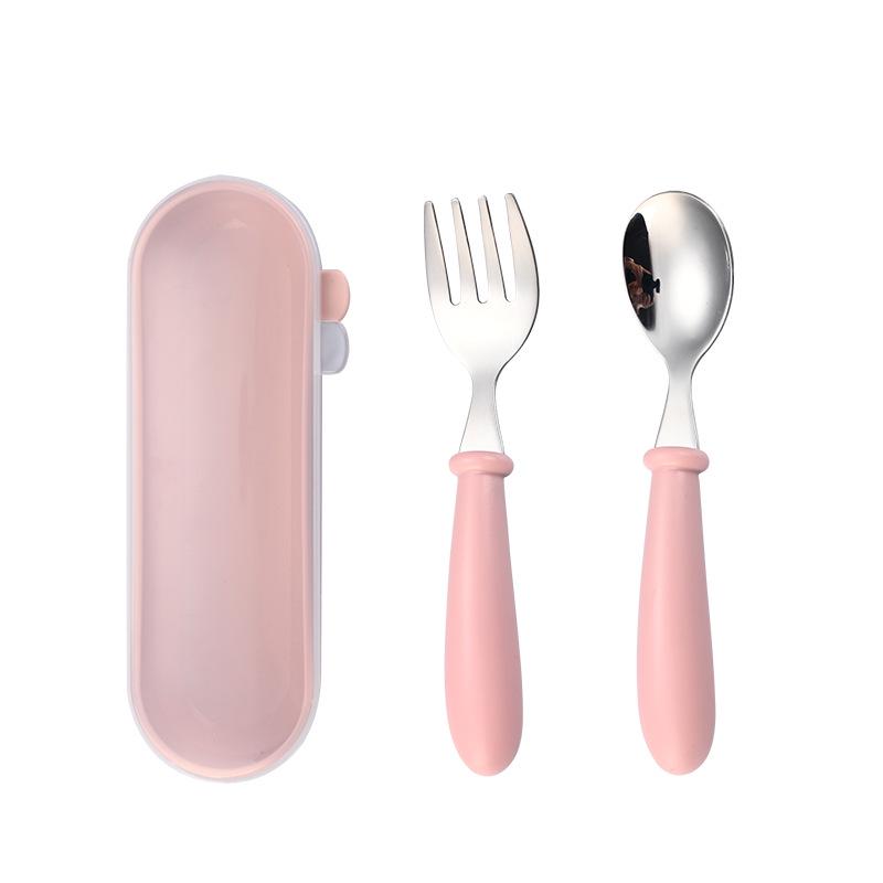 Child's Portable Cutlery Set with Cartoon Handle - Stainless Steel Fork and Spoon Gift Box for Kindergarten Feeding