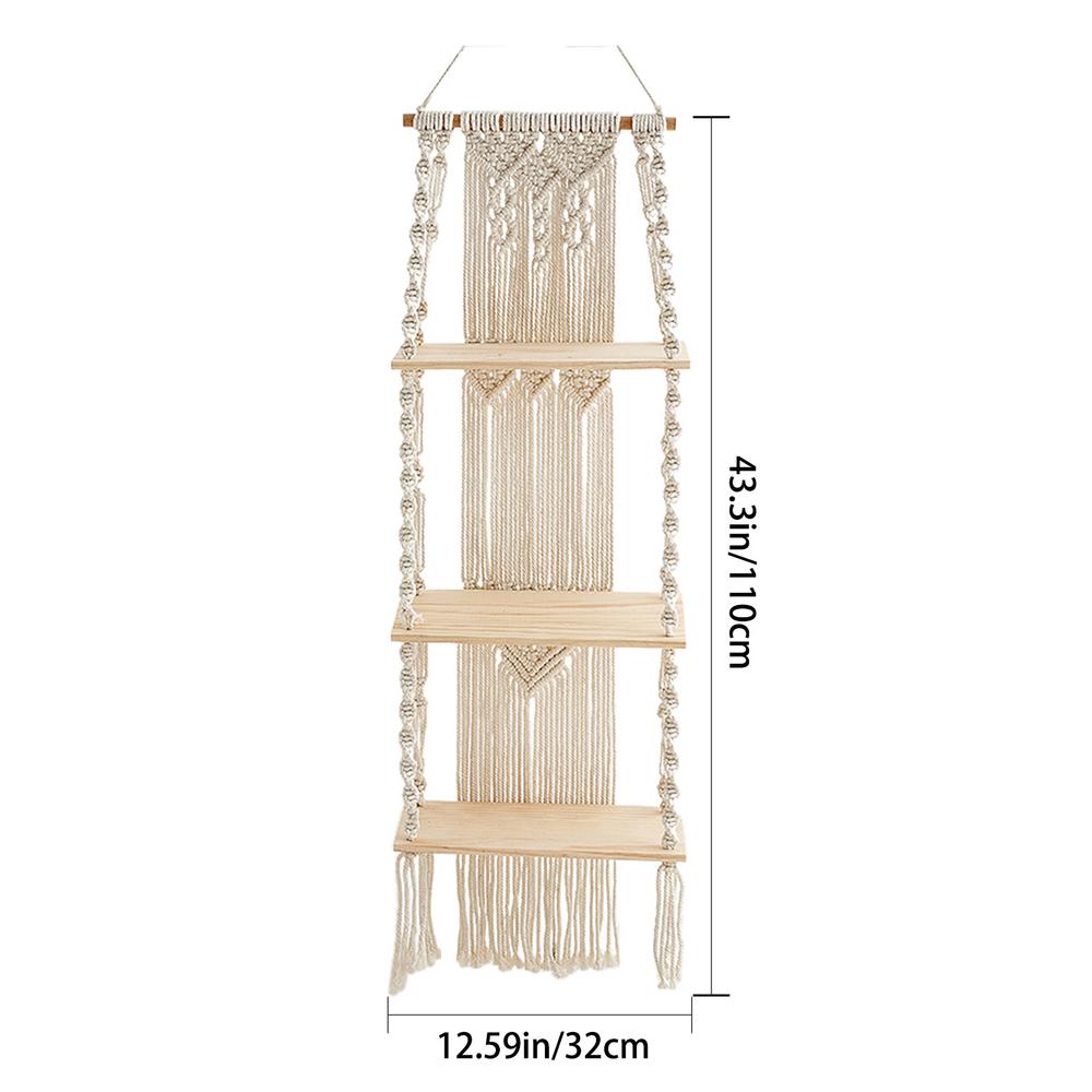 Bohemian Style Hand-Woven Wall Hanging Tapestry Wood Shelf Planter Basket 2 Tier Hanging Rack Art Wall Shelves Macrame