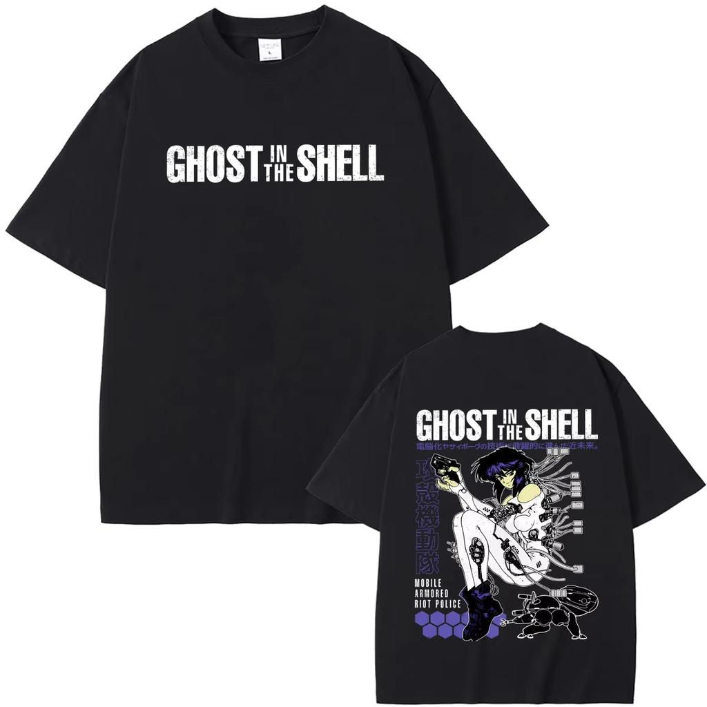 Anime Ghost In the Shell Motoko Kusanagi Graphic Print Unisex Summer Comic Casual Soft Pure‑Cotton Men's Loose‑Fit Short‑Sleeve T‑Shirt