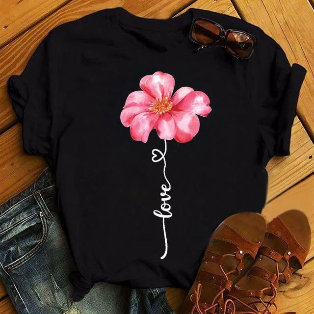 New Fashion Women Black T Shirt Friends Gift Flower Love Print Cute Tee Shirt Female Harajuku Tops Woman Short Sleeve T -Shirts