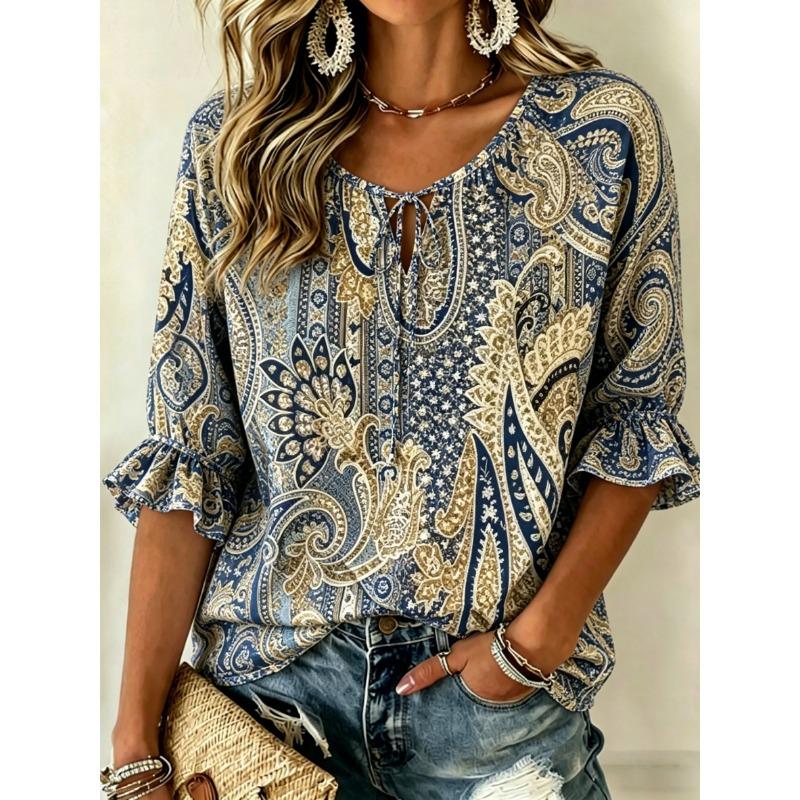 Women's White Lace Floral Print Tie Neck Blouse, Casual Loose Tops for Spring Summer Daily Wear & Vacation Occasions