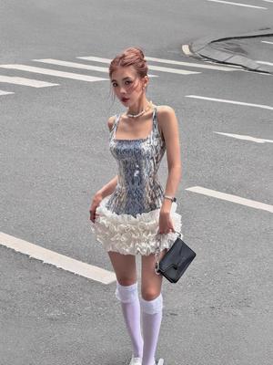 2025 Autumn European & American Style U-Neck Sequin Graffiti Cake Skirt Dress for Women