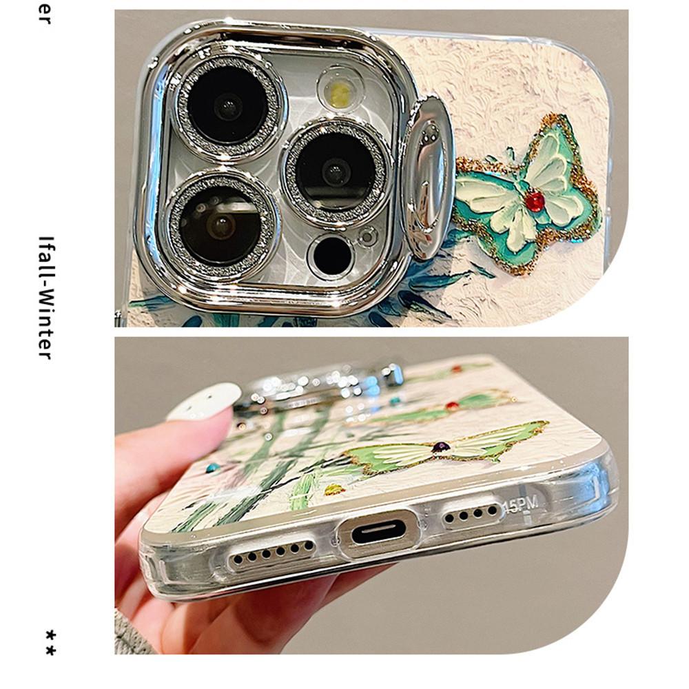 with Invisible lens bracket protective film Phone Case For iPhone 15 14 Plus 11 12 13 Pro Max 12pro 14pro Green Bamboo Butterfly Pattern Back Cover