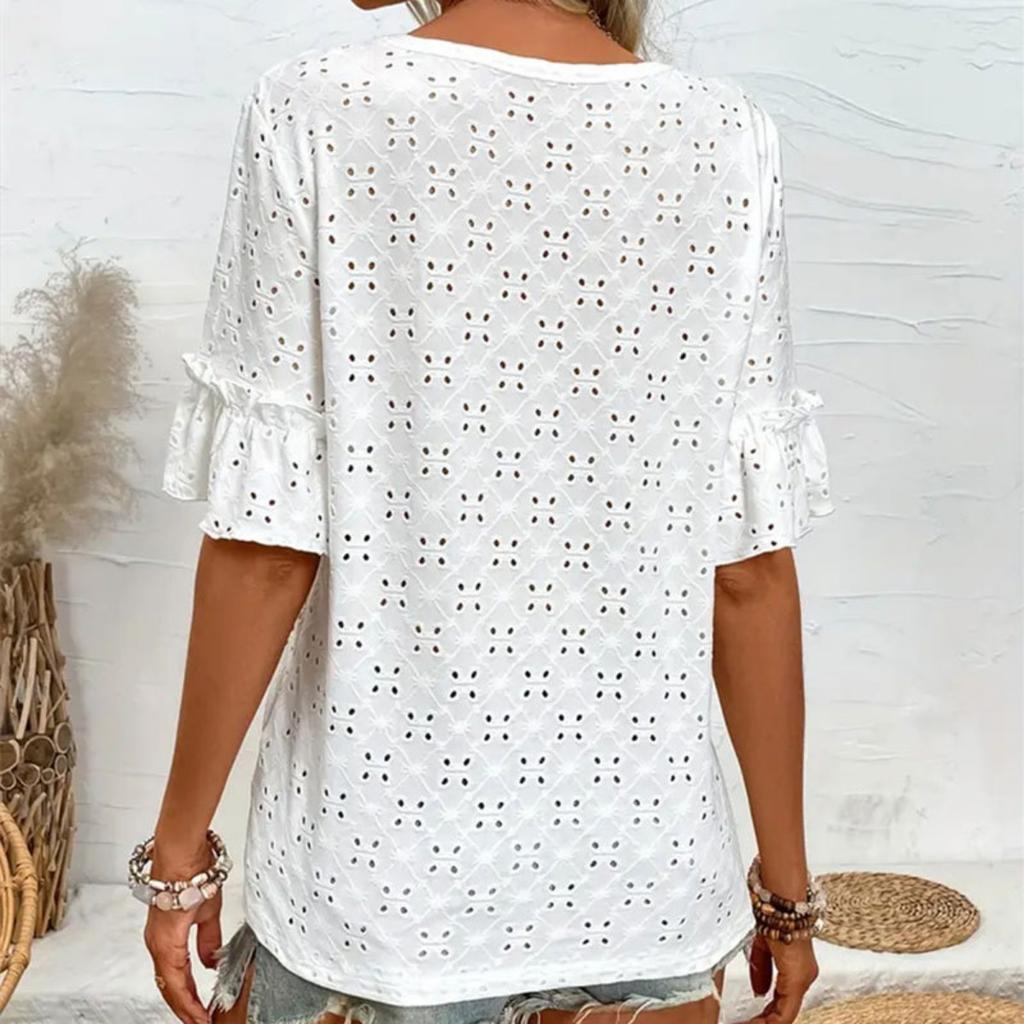 Women's Knit Embroidery Hollow Ruffle V-Neck Short Sleeve Top Women T-Shirt Women