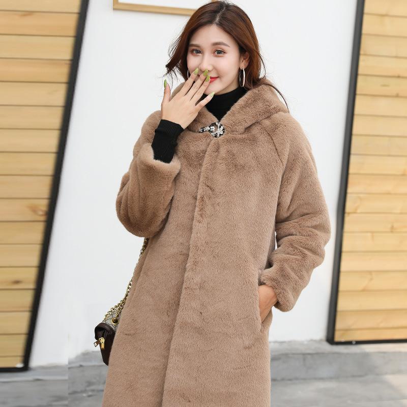 Imitation Rex Rabbit Hair Imitation Fur Jacket Women's Autumn and Winter Imitation Mink Hair Coat Medium and Long Thickened Large Size Hooded