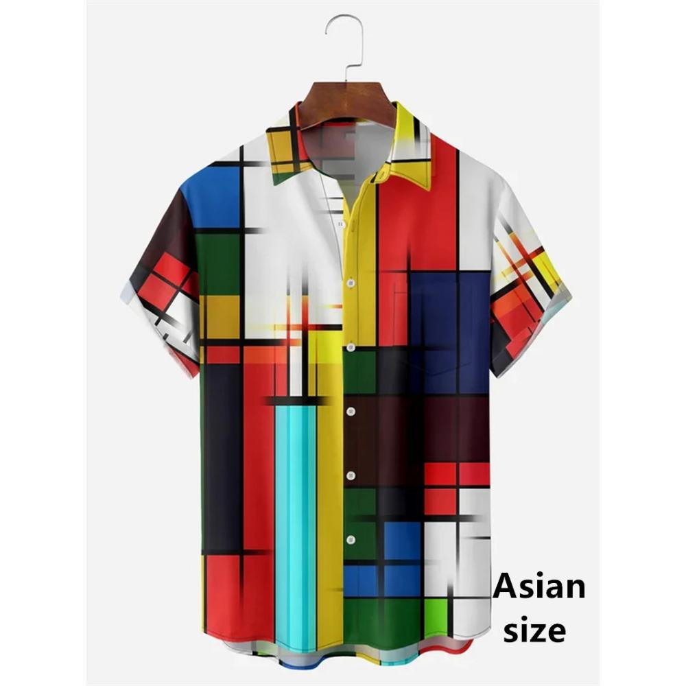 Men Shirts 3d Geometric Art Colorful Abstract Oil Painting Printed Men's Short Sleeve Shirts Fashion Unisex Hawaiian Button Top