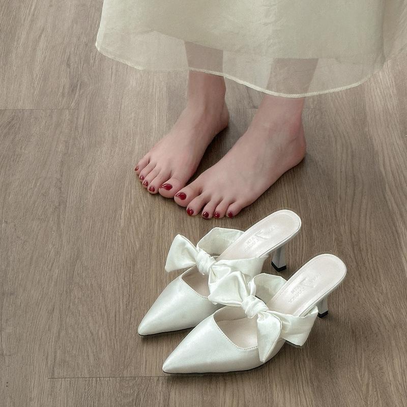 

High heels women s spring and summer 2025 new French small fragrant wind bag head half drag pointed head bow outside slippers women 40