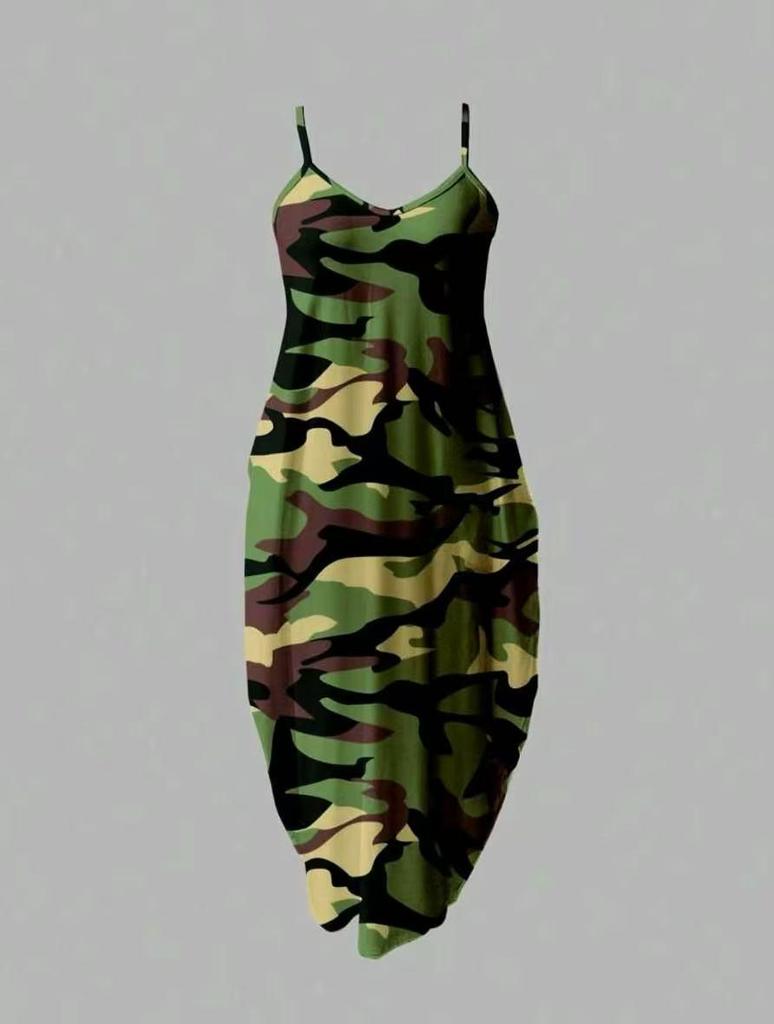 Summer Cool Spaghetti Strap Long Dress - Abstract Camouflage Print, Stylish Streetwear