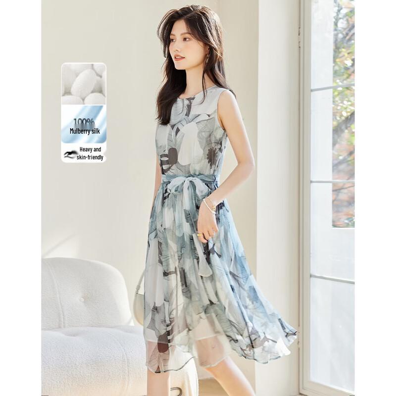 Demana New Chinese Style 100% Mulberry Silk Printed Sleeveless Dress XL