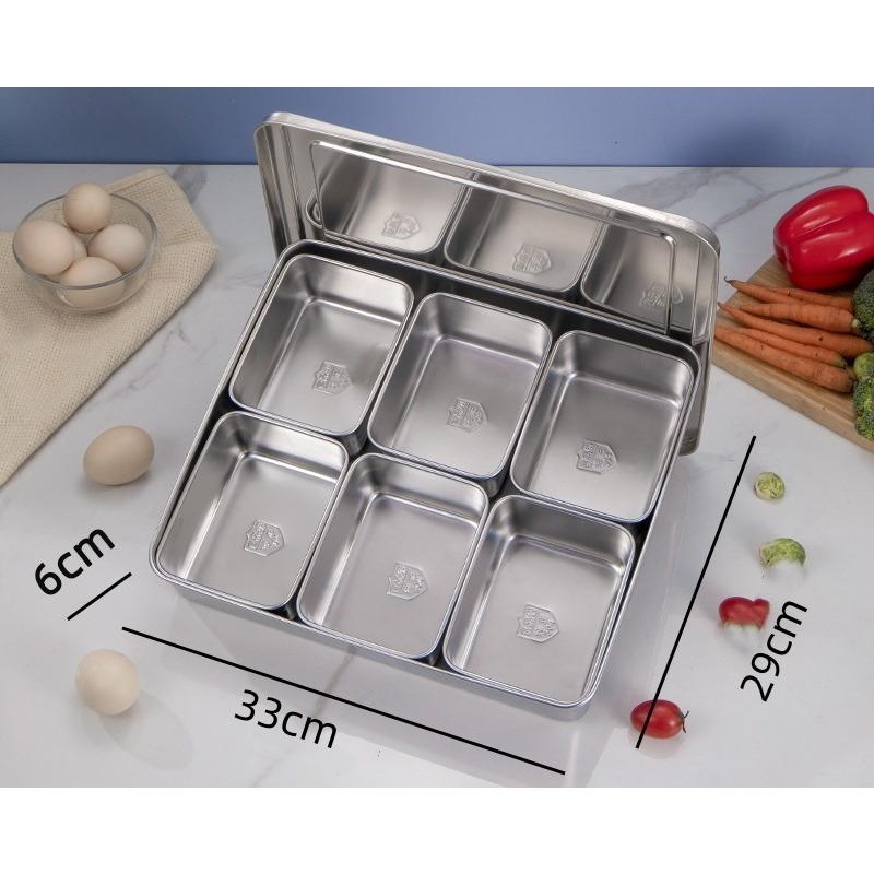 Stainless Steel Seasoning Box with Lid and Holder Tray 6/8 Compartments Rectangle Spice Container Kitchen Utensils