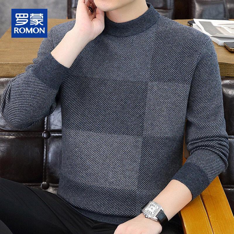 ROMON Men's Thickened 100% Pure Wool Colorblock Half-High Collar Sweater