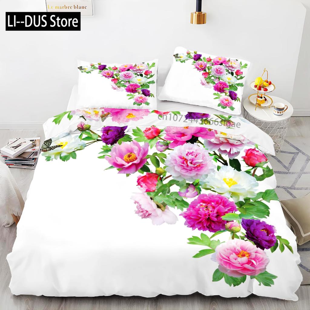 Duvet Cover Set Queen Floral Bedding Elegant Peony Bedding Soft Comforter Cover Set with With 2 Pillowcases 3Pcs Queen Full Size