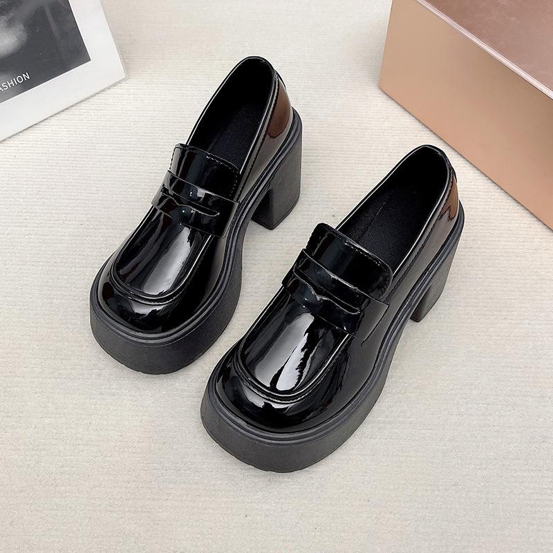 

Женские лоферы на высоком каблуке, новый стиль, модные, на толстом каблуке, на толстой подошве, нескользящие, повседневные, маленькие черные кожаные туфли, туфли Мэри Джейн 40