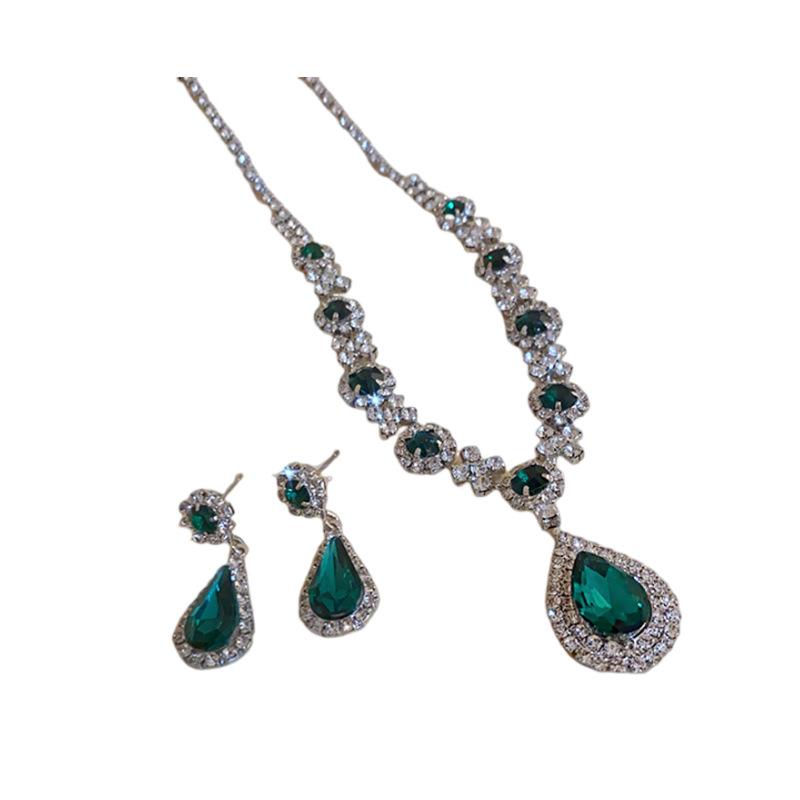 GemChic Women's New Light Luxury Green Crystal Rhinestone Drops Sparkling Pendant Necklace Earrings Two Piece Set Birthday Christmas Jewelry Gift