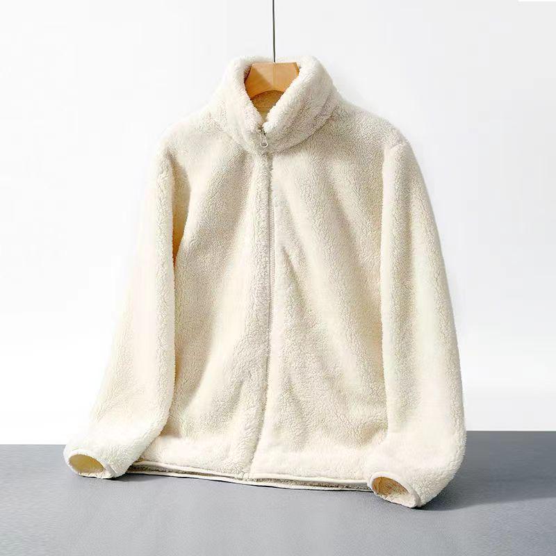 Women's Winter 2026 Long Sleeve Stand Collar Coral Fleece Cardigan Jacket - Lazy Style Lambswool Coat