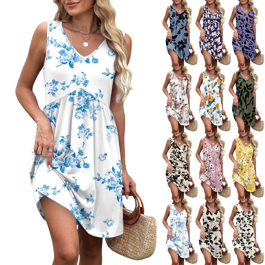 Women's Summer V-neck Casual Beach Vacation Style Vintage Floral Print Sleeveless Splicing Dresses