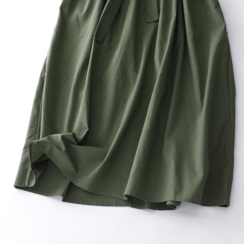 2025 summer new solid color cotton and linen dress women's loose retro lace-up waist Polo collar five-quarter sleeve long dress