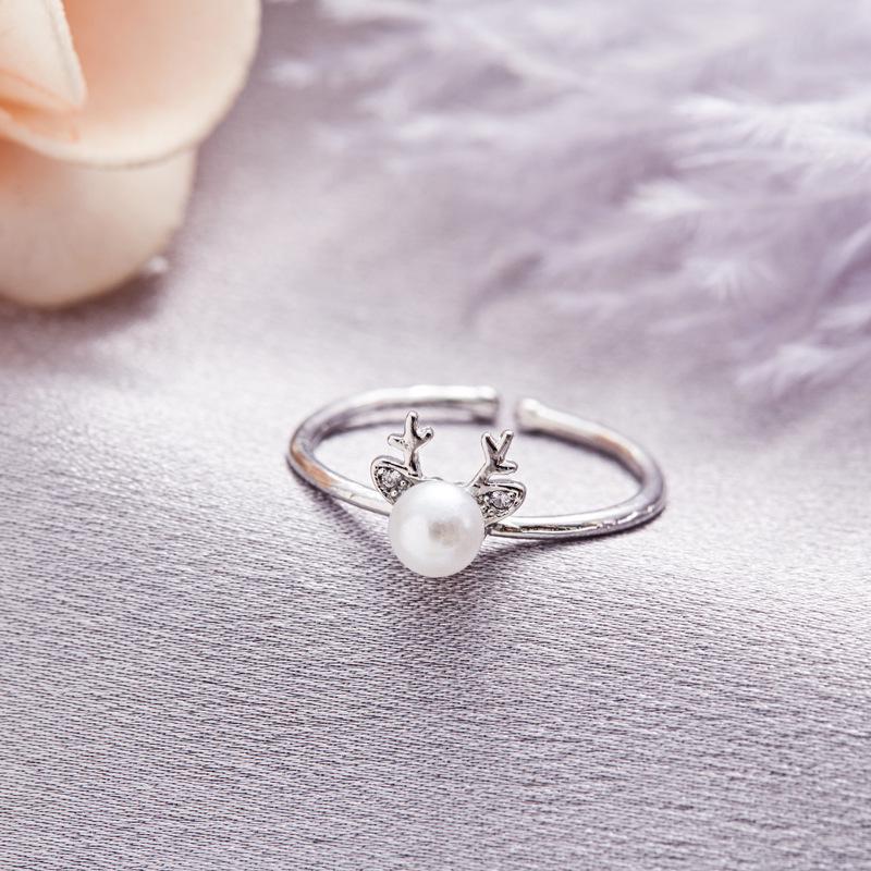 Mori Style Cute Elk Pearl and Diamond Antler Ring – Christmas Gift for Women