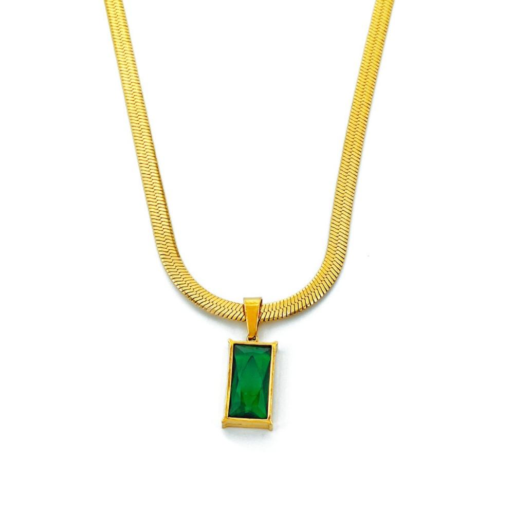 Temperament Luxury Geometric Square Green Zircon Pendant Gold Color Stainless Steel Snake-bone Chain Necklace for Women Jewelry