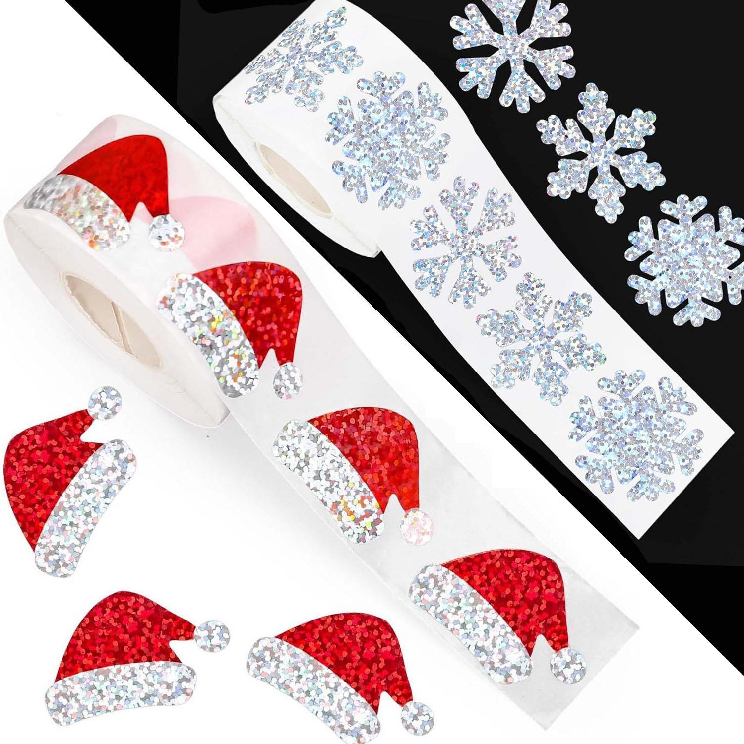 

2 rolls Mixed Laser Christmas Stickers Roll Christmas Snowflake and Red Christmas Hat Sticker Gift Packag Sealing Sticker 2.5-3cm
