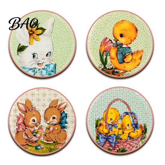 Rabbit Pattern Mug Pads 4PCS Easter Flower Coasters Set, Thick Cork Base Non-Slip Heat Resistant Drink Kitchen Countertop Protection Coasters, Floral