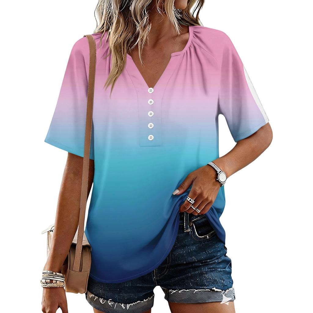 Women's Fashionable Casual Floral Print Button V-neck Short-sleeved Top