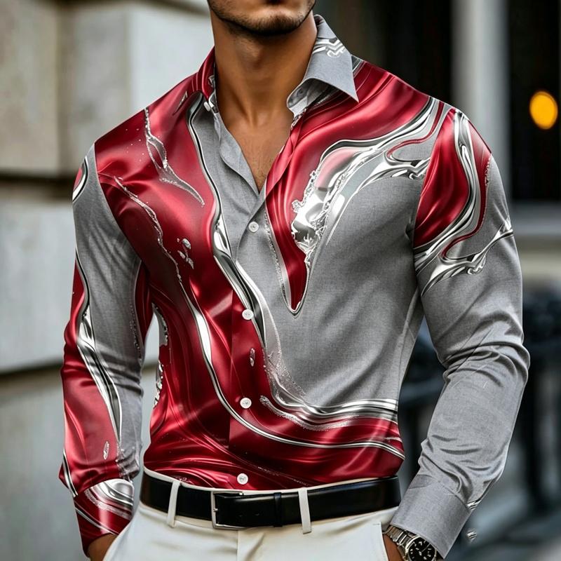 Camisa de Manga Larga Estampada con Arte Fluido de Mármol para Hombre Lujo Resort Nightclub Uso Diario Cuello Botón Top para Hombre Camisa de Moda