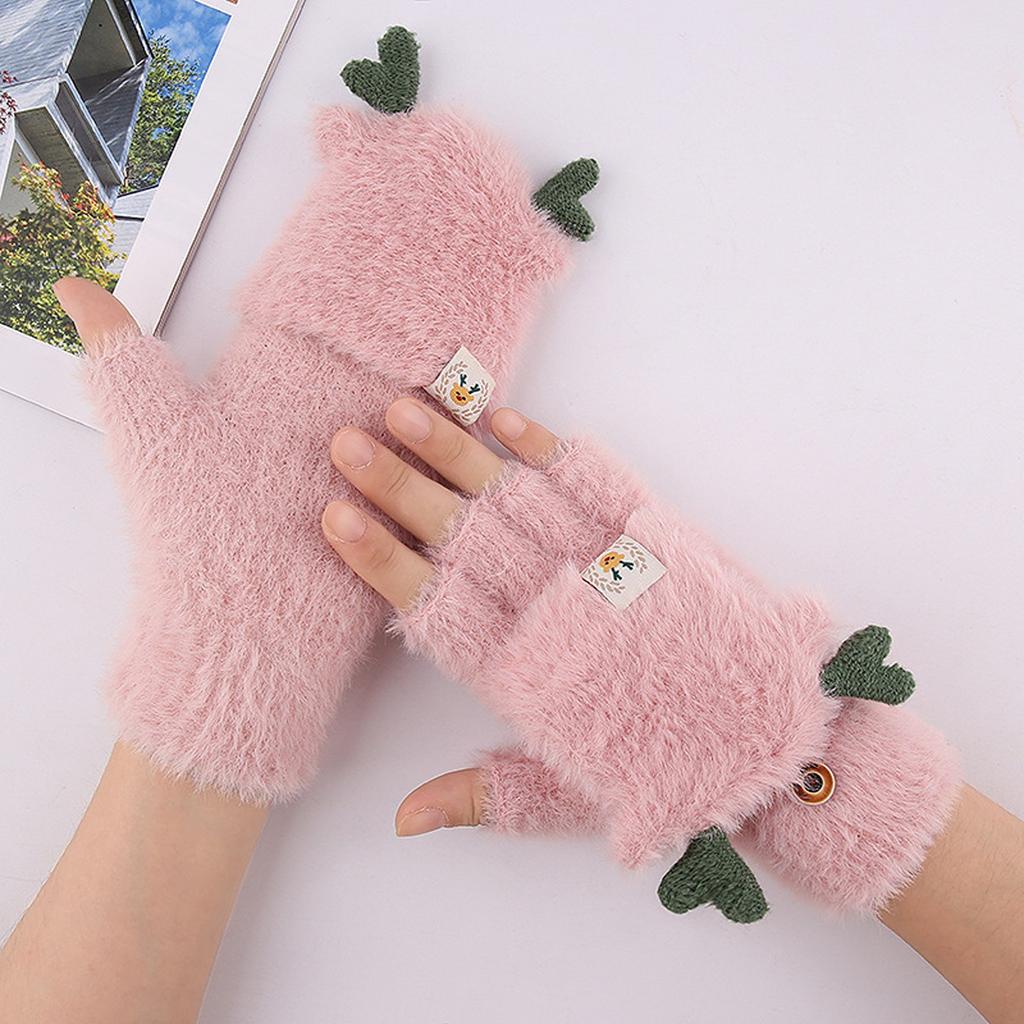Winter Women Adult Plus Velvet Thickening Cute Cartoon Point Finger Gloves