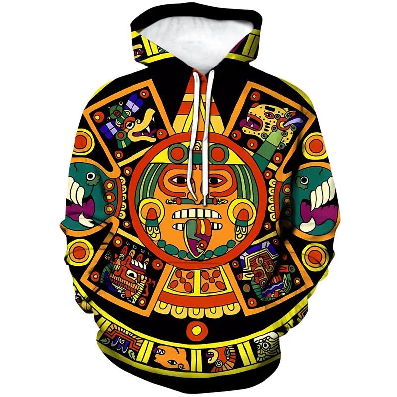 Bluzy z kapturem Mexico Aztec drukowane w 3D dla mężczyzn Starożytne totemy Meksykańskie graficzne bluzy z kapturem Codzienne luźne bluzy z kapturem z długim rękawem