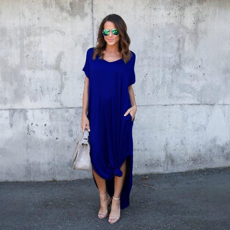Summer New Women's Solid Color V-Neck Loose Casual Pocket Slit Dress