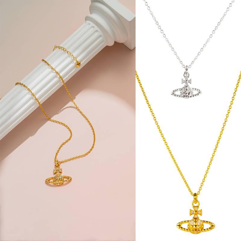 Luxusní a Exkluzivní Měděný Saturnový Náhrdelník Pro Dámy Vivienne Jiskřivé Diamanty Chic A Cool Zámek Řetízek Na Klíční Kost