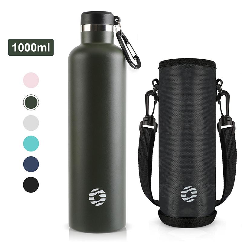 

Fjbottle 1000 мл Спортивна пляшка з нержавіючої сталі з вакуумною ізоляцією, з карабіном, герметична, без BPA, Термопляшки 1000ML зелений