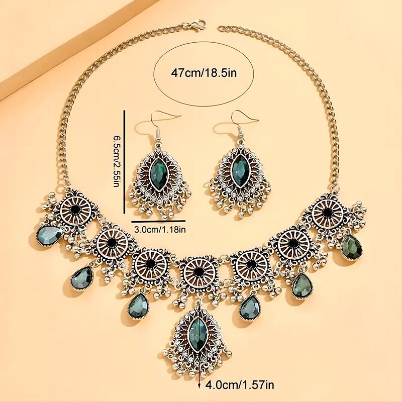 Elegant Ethnic Style Women Jewelry Set Luxurious Temperament Banquet Party Hollowed Out Water Droplet Necklace Earring Set Gift
