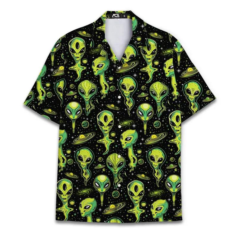 Men's Alien Bigfoot Shirt 3D Neon Print Short Sleeve Hawaiian Shirt Summer Oversized Hip Hop Tops