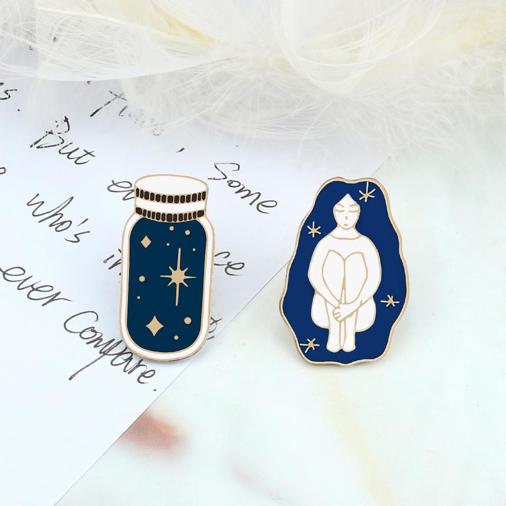 Creative Cartoon Enamel Pins Elegant Girl Blue Wishing Bottle Brooches Jewelry Long Haired Beauty Star Sky Bag Lapel Badge Gift