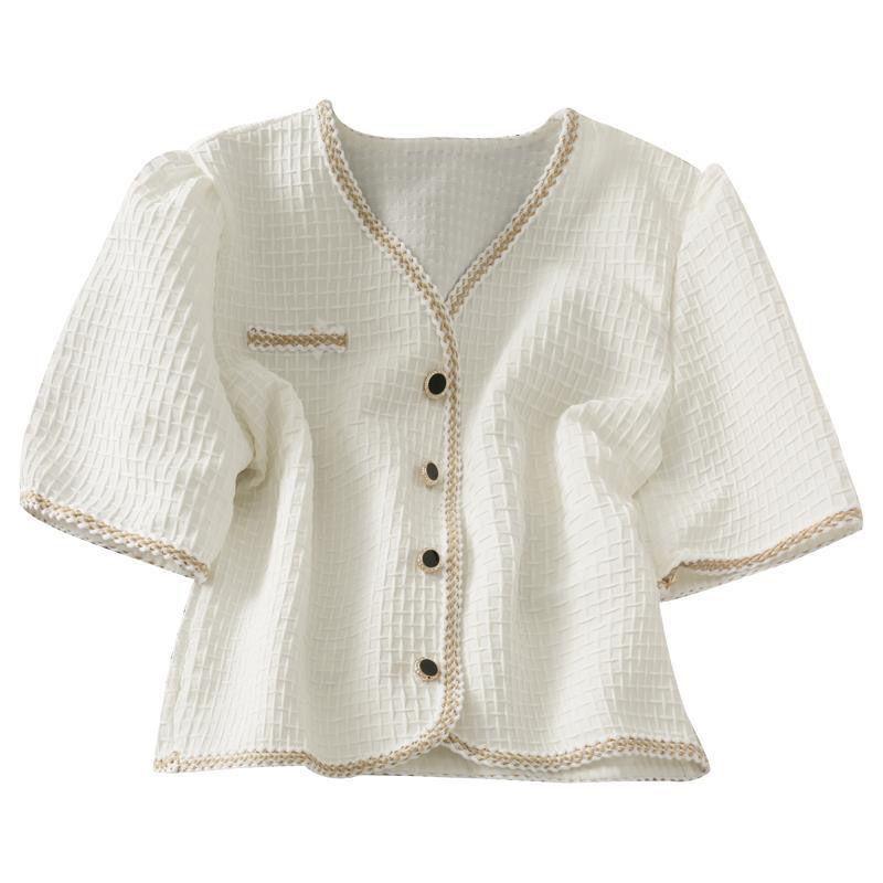 

Летняя укороченная рубашка в французскую клетку с короткими рукавами, женский темперамент, тонкий универсальный укороченный топ, куртка с короткими рукавами M белый