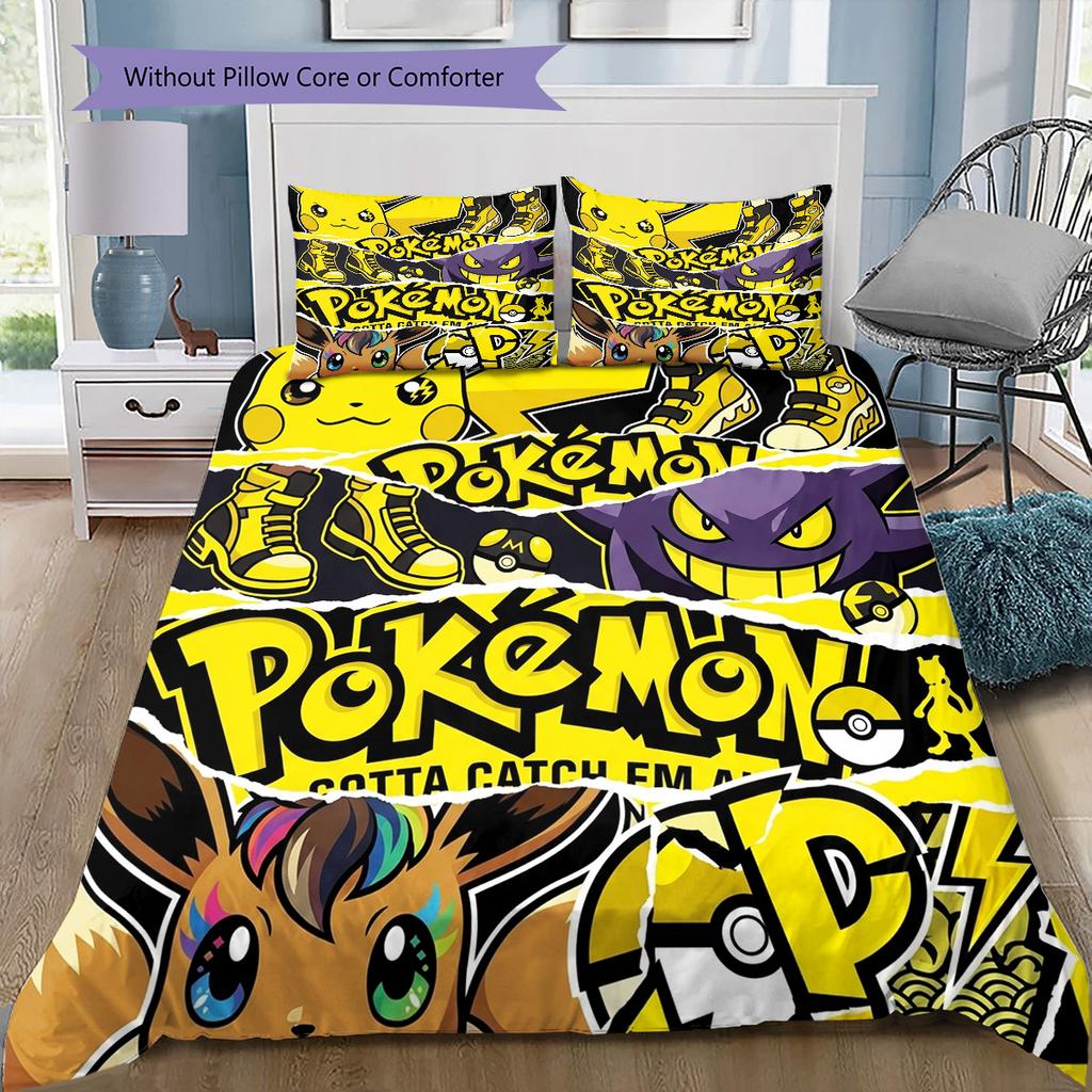 Pokmon Pattern Bedding Quilt Set Quilt Cover Pillowcase Home Birthday Gift(1 * duvet cover + 2 * pillowcase, without core)