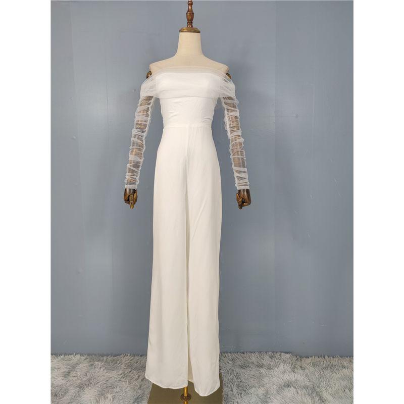 Foreign Trade Order Lu's Summer New Mesh Perspective Long Sleeve off-Shoulder Simple White Fashion Jumpsuit Women