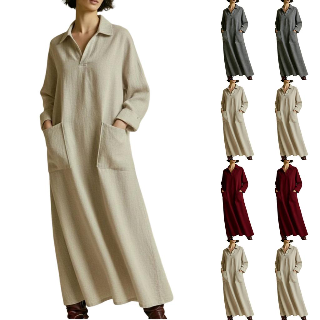 Women's -color Mid-length Loose-fitting Dress With Large Pockets And Casual