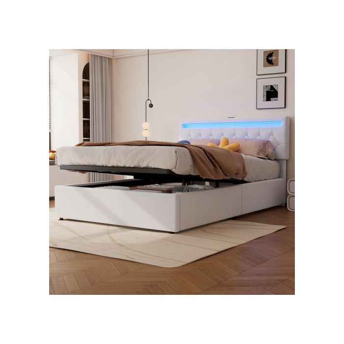 Lit - MUVOE - 140x200 cm - Rembourré - Éclairage LED - Télécommande 24 touches