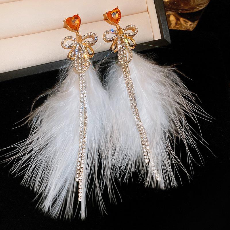 Orecchini a Frange di Piume con Diamanti Colorati Lusso Leggero Borchie di Alta Gamma Orecchini di Nicchia Retrò Autunno e Inverno Donna