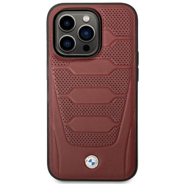 Etui do iPhone 14 Pro BMW Leather Seats Pattern MagSafe Burgundowy