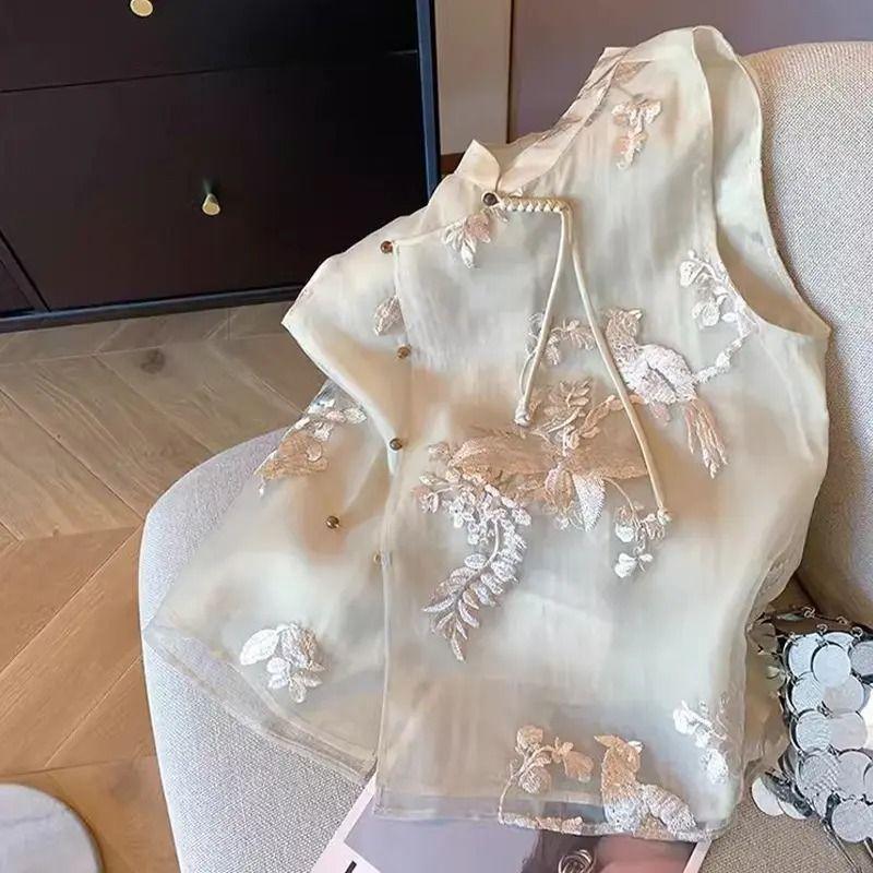 225 Chinese Buckle Retro New Vest Vest Summer Embroidered Stand-up Collar Top