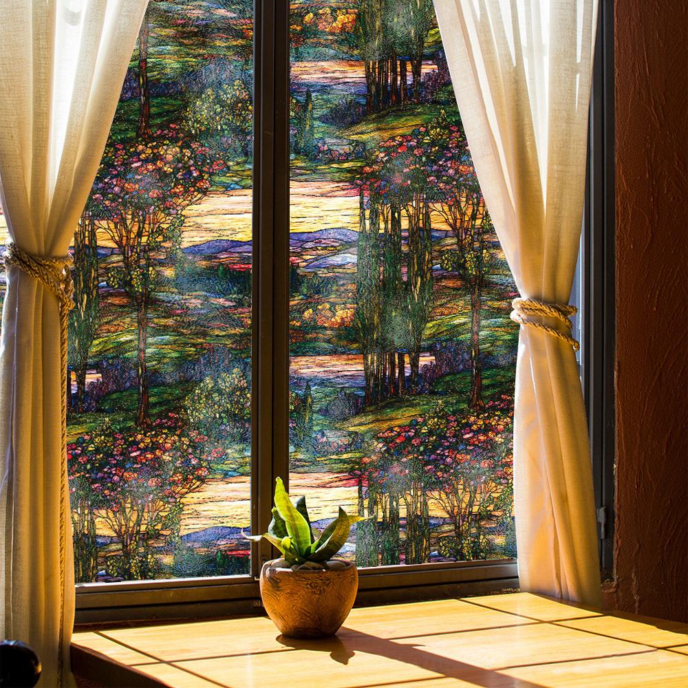 Double-sided Colored Window Privacy Film, Stained Glass Decorative Static Cling, Removable Laser Sun Blocking Vinyl Covering