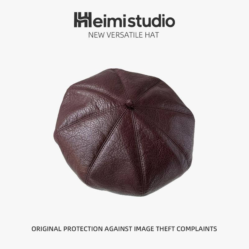 25 Early autumn new versatile painter hat British retro pu leather beret octagonal hat tide