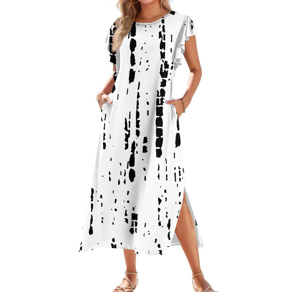 Ladies' Fashionable Summer Casual Pleated Sleeves, Loose Color Block Patchwork Printed Short-sleeved Round Tie Pocket Beach Dress
