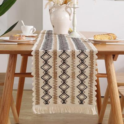 Bohemian Table Runner,Rustic Linen, Boho Table Runners,Braided Striped, Handmade Table Runners with Tassel for Wedding, Dinning