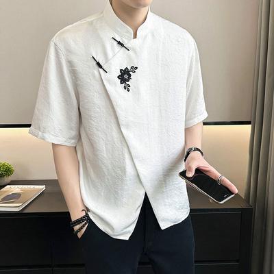 Summer Short-sleeved Shirt Men Ice Silk Stand Collar New Fashion New Chinese Top